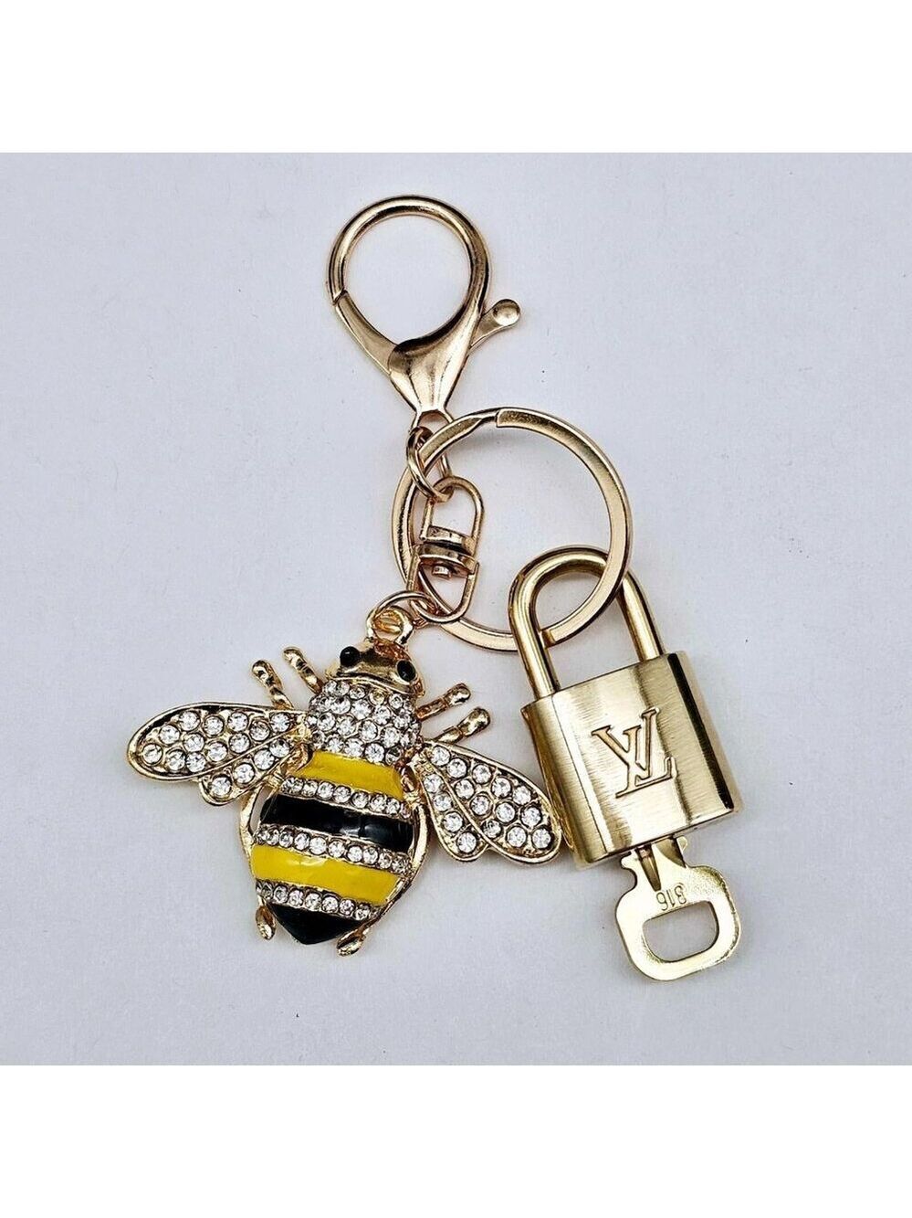 Authentic LV Gold Padlock & Key Set ✨ Luxury Bag Charm w/Unbranded Bee Keychain